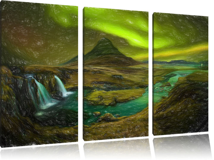 Pixxprint Kirkjufell Wasserfall als Leinwandbild/Grösse: 3 Teilig (120x80 cm) cm/Wandbild/Kunstdruck