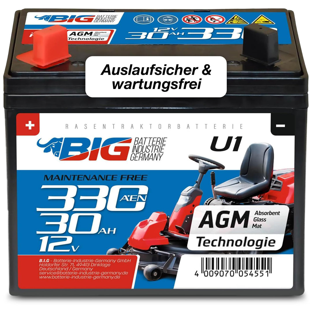 BIG U1 Garden Power Rasentraktor-Batterie 12V 30Ah 310A Starterbatterie für Aufsitzmäher wartungsfre