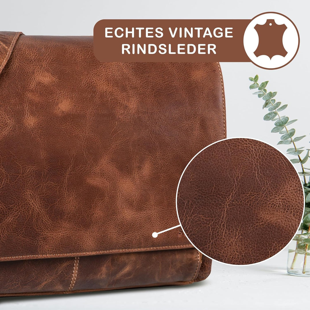 STILORD 'Tom' Vintage Leder Umhängetasche für Studium Uni Büro Arbeit 15 Zoll Laptoptasche DIN A4 Sc