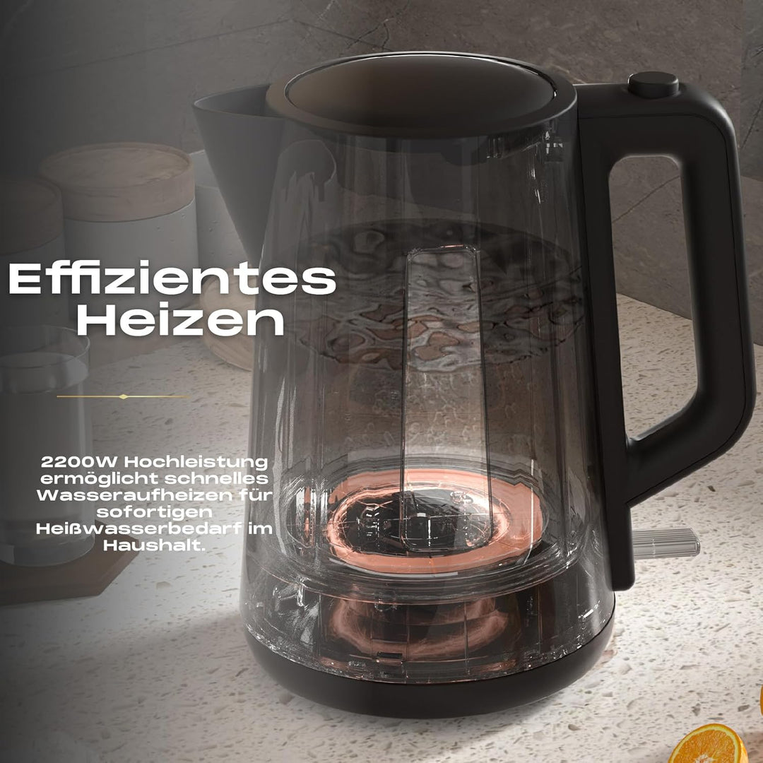 Frühstücksset Wasserkocher Toaster Set Schwarz 1,7L 2200W Mit 4 Scheiben Langschlitz Toaster 7 Bräun