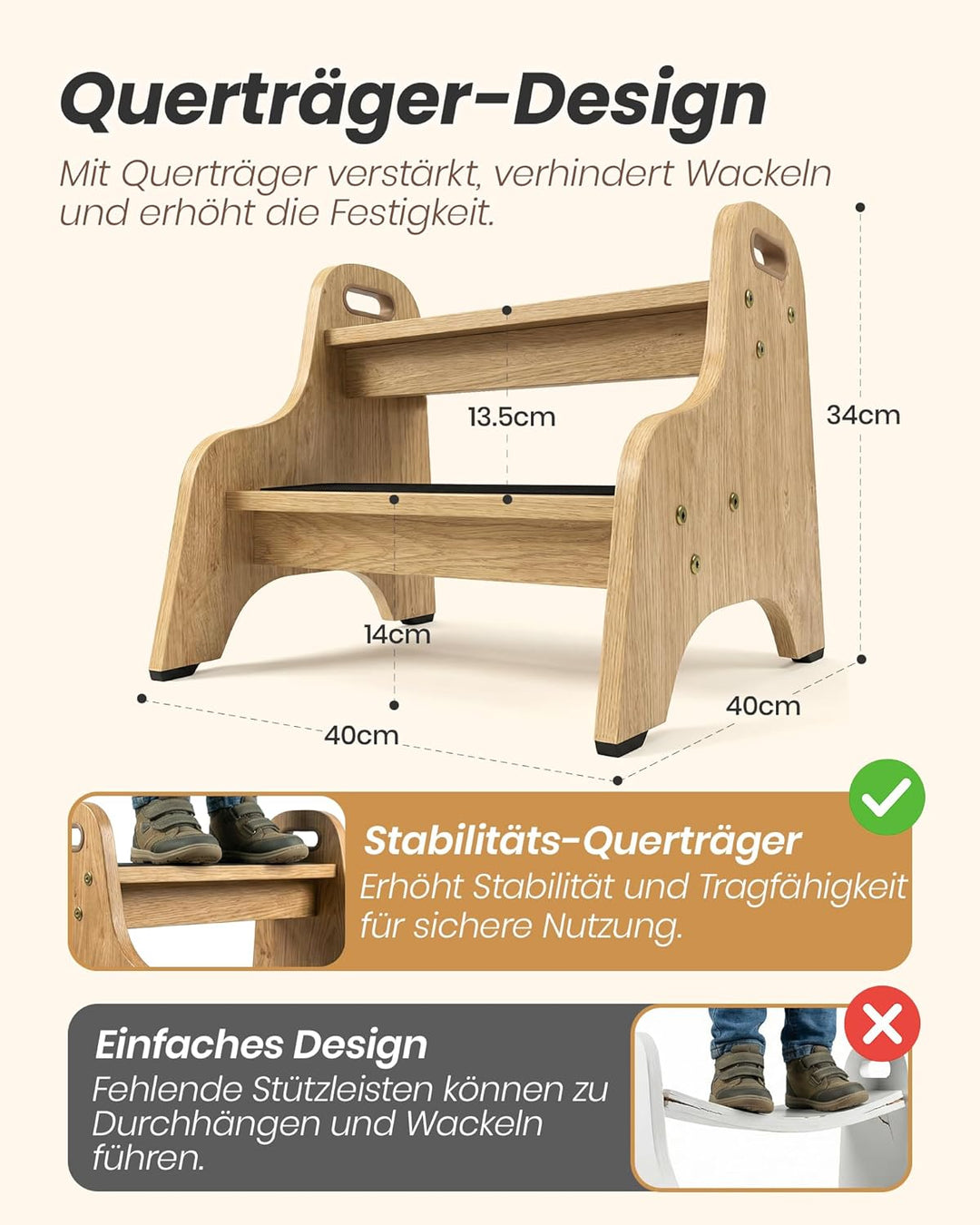 Tritthocker Kinder aus Holz – extra stabil & rutschfest, Anti-Rutsch Stufen, sichere Rundkanten, Fes