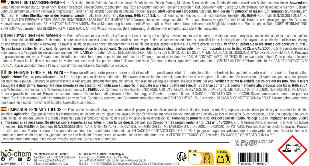 bio-chem Vorzelt- und Markisenreiniger - Ergiebiger Spezialreiniger mit Tiefenwirkung - Ideal für Ma