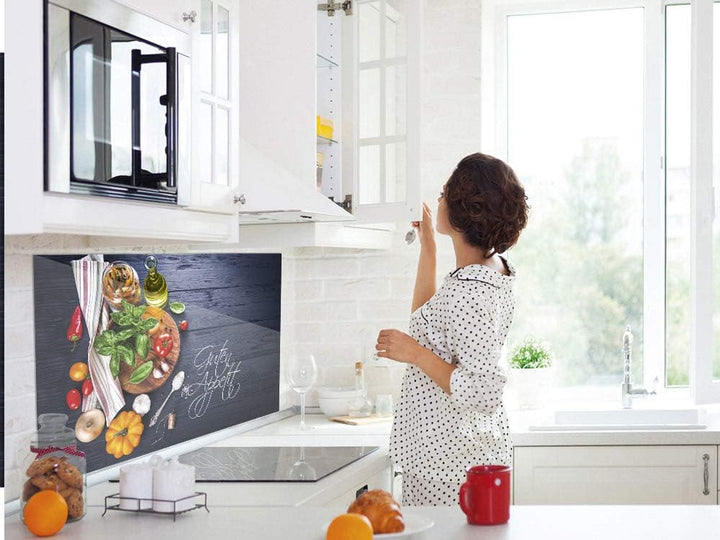 GRAZDesign Spritzschutz Küche Herd, Gemüse auf Holz, dunkelgrau mit Guten Appetit, Küchenrückwand au