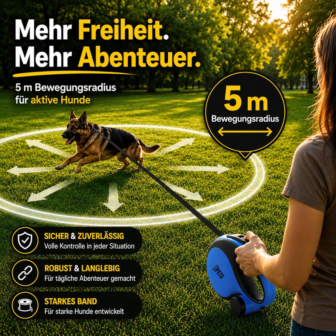 CORTESPETS® Rollleine – Hundeleine mit Kotbeutel – Ausziehbar bis zu 5 m – Für grosse und mittelgros