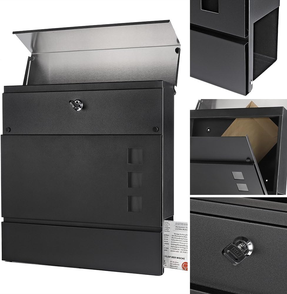 Melko Briefkasten mit Zeitungsfach Schwarz Wandmontage Postkasten mit Edelstahl Schutzklappe und Sic