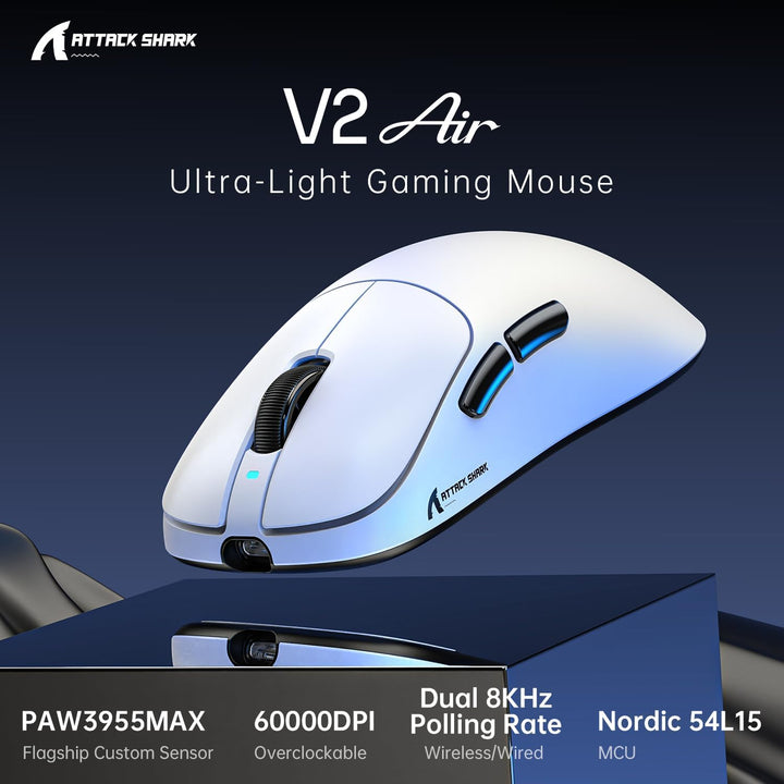 ATTACK SHARK V2 AIR PAW3955MAX Wireless Gaming Mouse with C06 Cable B-White, B-White