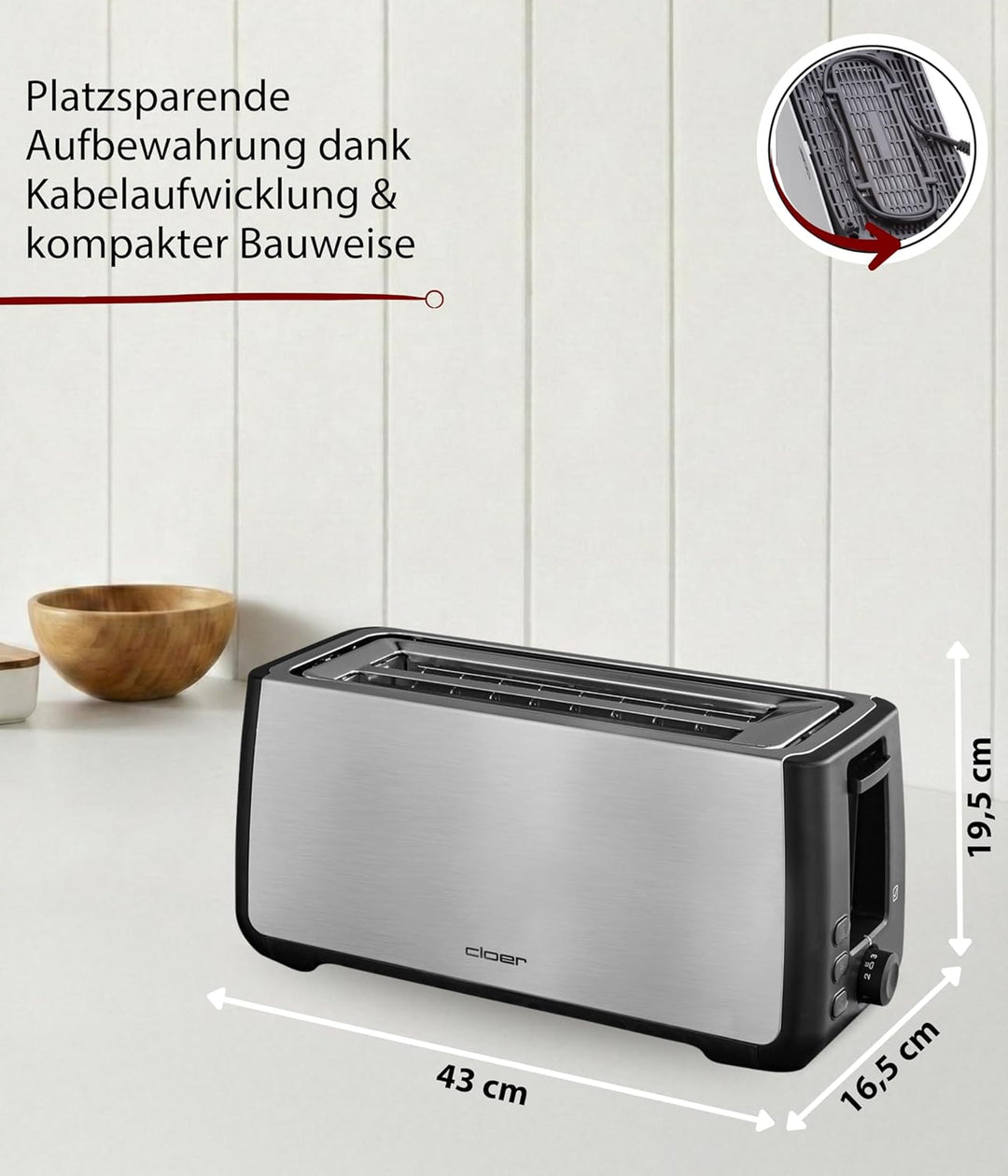 Cloer 3579 King-Size Toaster für 4 XXL Scheiben, Check-Funktion, Edelstahlgehäuse, 1500 Watt, schwar