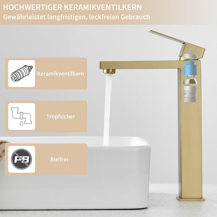 Wasserhahn Bad Gold - Waschtischarmatur Hoch aus Edelstahl mit Geräuscharmem Keramischem Ventilkern,