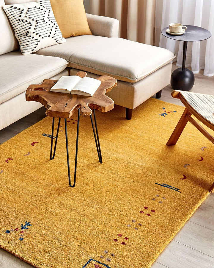 Gabbeh Teppich gelb aus Wolle 140x200 cm Hochflor mit Muster weich handgetuftet Akalan