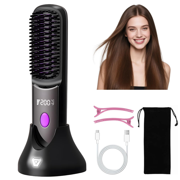 Kabellose Glättbürste, Mini Haarglätter Bürste, Negativ Ionen Glätteisen, Haarglätterbürste mit LED-