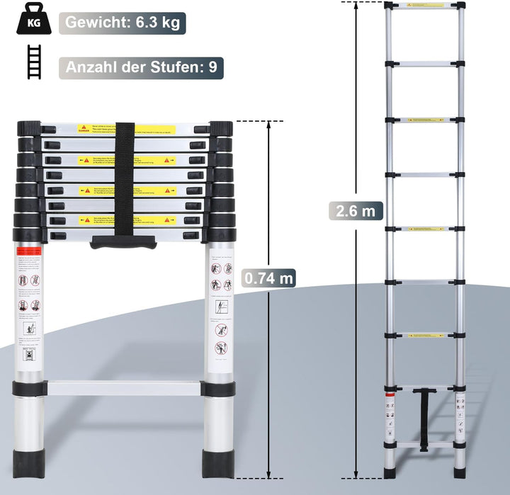 Fiqops 2,6 M Teleskopleiter, Rutschfester Aluminium Stehleiter 150 kg/330 Pfund, Belastbarkeit Auszi
