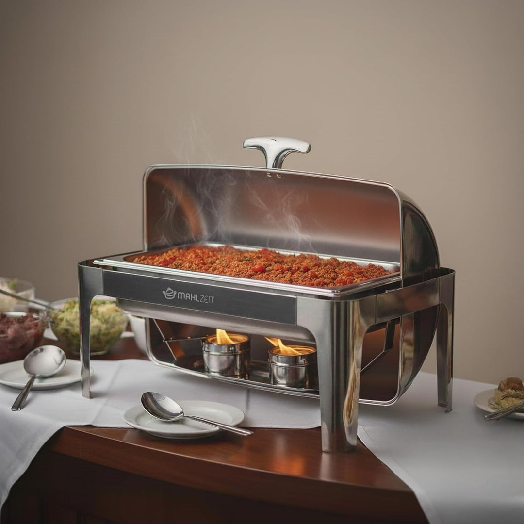 Mahlzeit Edelstahl Chafing Dish mit Rolltop 8 Liter | Speisenwärmer, Wärmebehälter, Bain Marie Recha