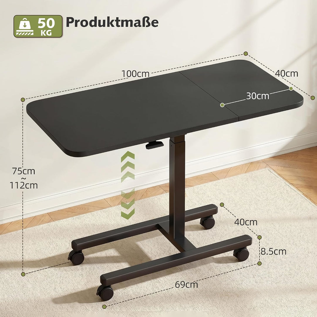 Höhenverstellbarer Schreibtisch 100cm Grosser Platte, Rollen mit Feststellbremsen, Gasdruckfeder, st