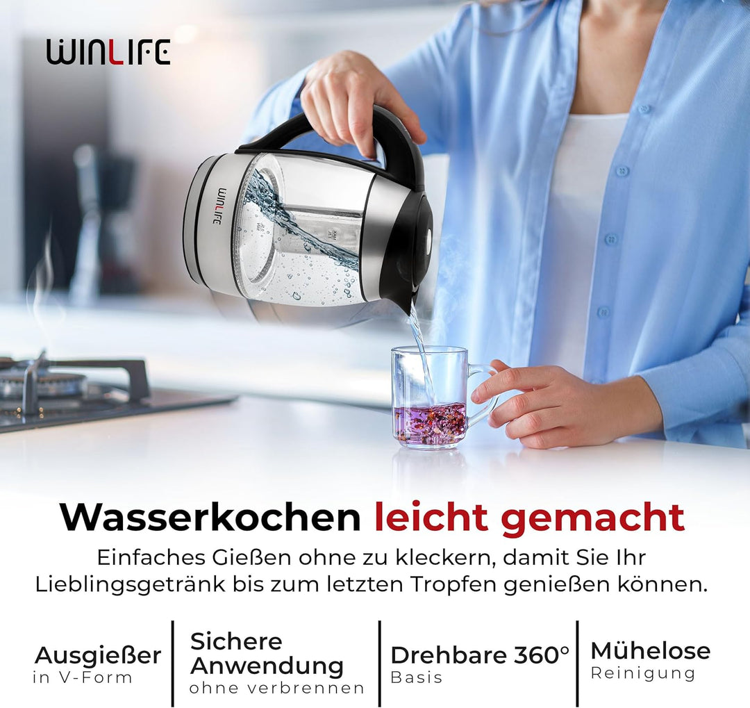Wasserkocher 1,8L mit Temperatureinstellung 60°C bis 100°C | aus hochwertigem Borosilikatglas | BPA-