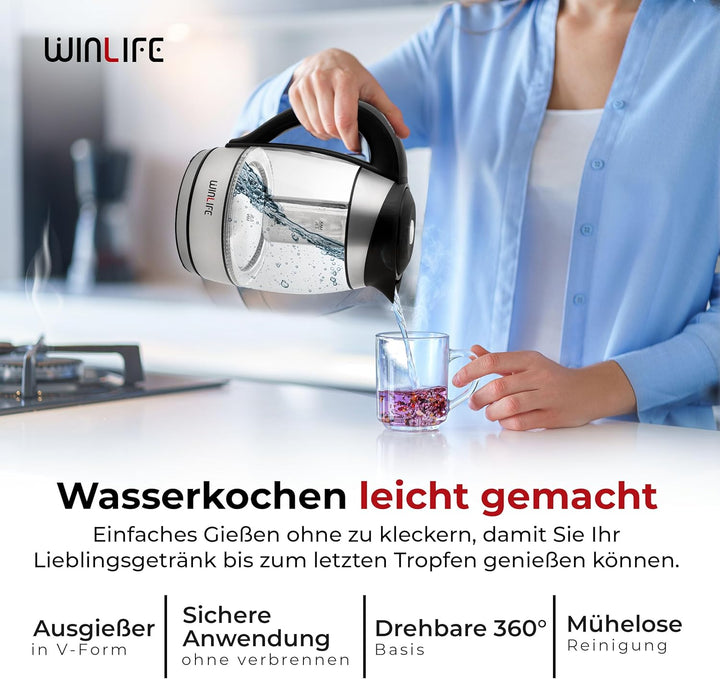 Wasserkocher 1,8L mit Temperatureinstellung 60°C bis 100°C | aus hochwertigem Borosilikatglas | BPA-
