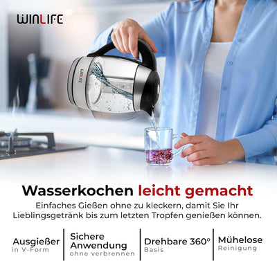 Wasserkocher Glaswasserkocher 1,8L | Edelstahl mit LED-Temperaturanzeigebeleuchtung für 60, 70, 80,