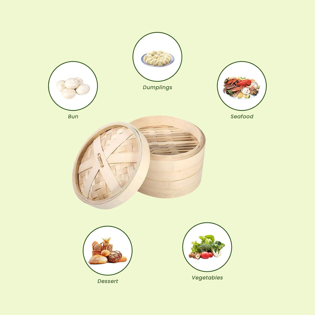 Bambus-Dämpfkorb 8,7 Zoll 2 Ebenen Chinesischer Dim Sum-Korb Mit Deckel Knödel-Dampfgarer Zum Kochen