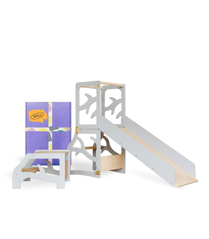 Weco Montessori Kinder Lernturm 3 in 1 Baum Design mit Rutsche und Tritthocker FSC Zertifikat Schrei