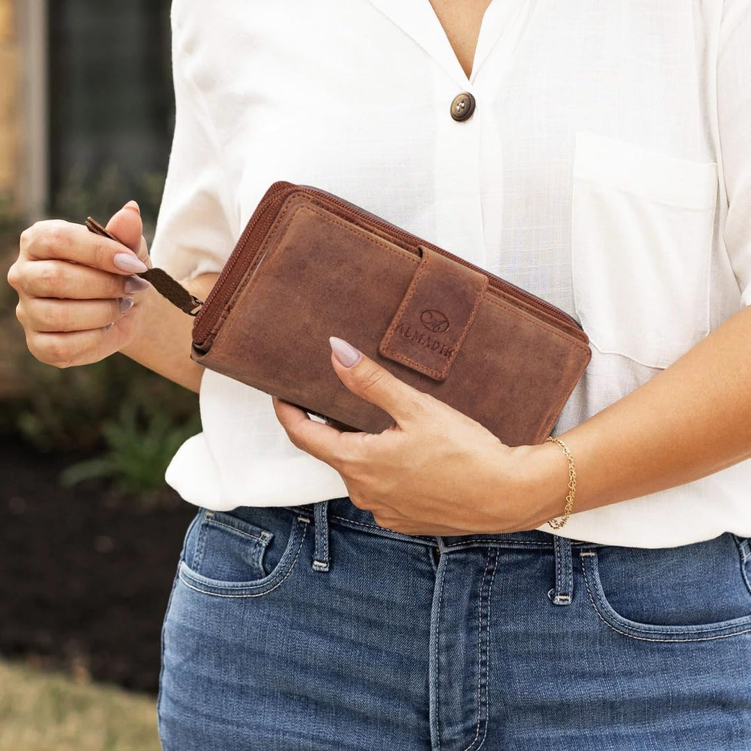 RFID Damen Leder Geldbörse Braun Vintage mit 26 Kartenfächer - MILA Grosse Damen Portemonnaie 7 Eins
