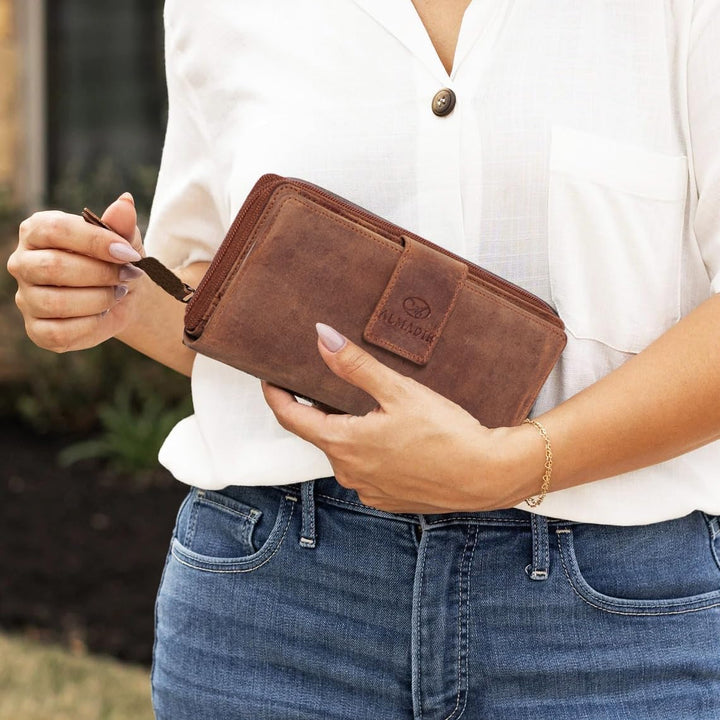 RFID Damen Leder Geldbörse Braun Vintage mit 26 Kartenfächer - MILA Grosse Damen Portemonnaie 7 Eins