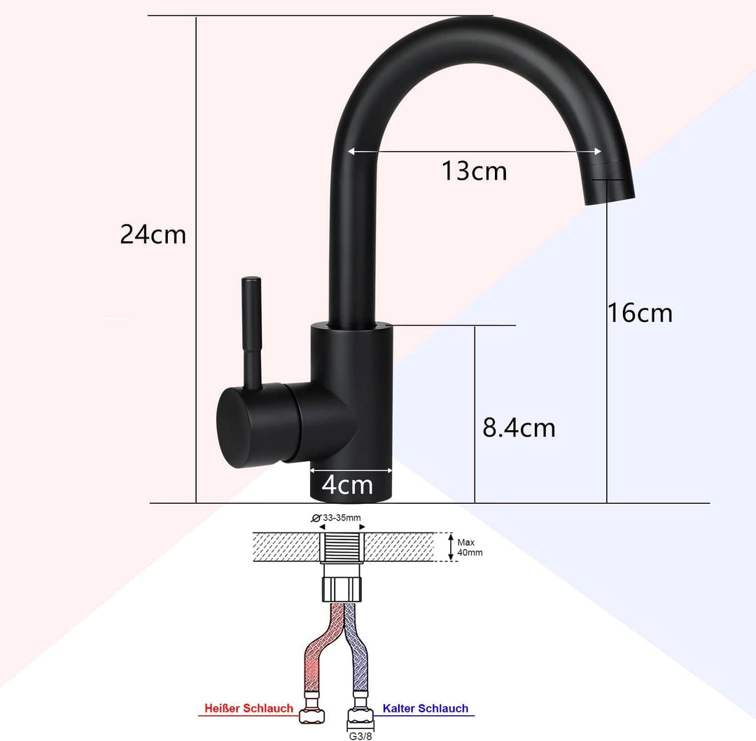 Wasserhahn Bad Waschtischarmatur Waschbecken - Armatur Schwarz Warm- und Kaltwasserhahn 360° Drehbar