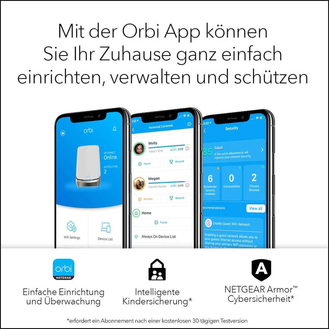 NETGEAR Orbi WiFi 6E Mesh Quad-Band WLAN System (RBKE963) | Router mit 2 Satelliten | Abdeckung bis