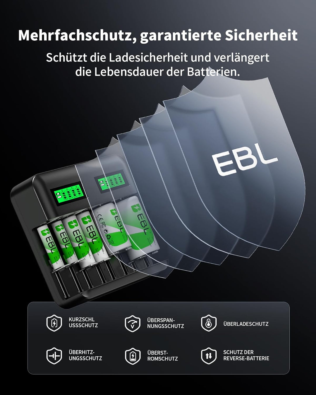 EBL Akku ladegerät inkl. 4X C 5000mAh für AA AAA C D NI-MH Akkus Type C Input Schnell ladegerät, LCD