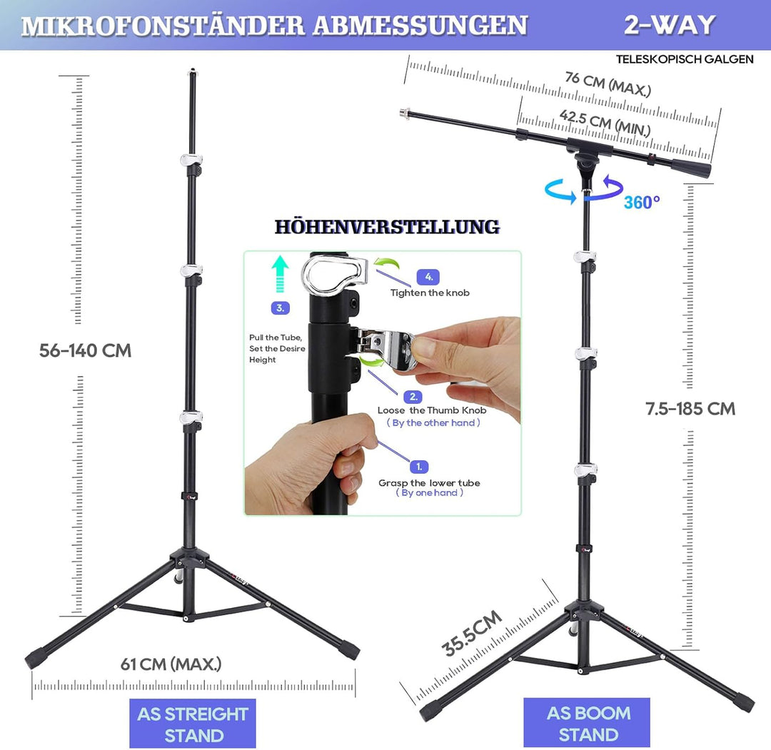 Mikrofonständer, Mikrofonstativ Tragbarer Mic Stand Mit Galgen, Easygo Mikrofonstativ mit Teleskopar