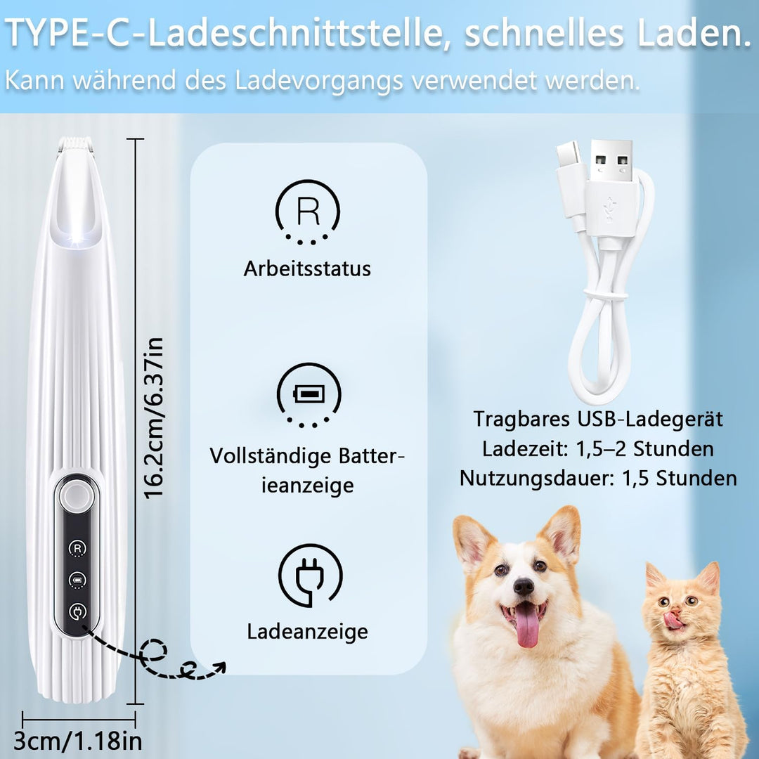 Mucek Leise Hundeschermaschine, Pfotentrimmer für Hunde mit LED-Licht, Hundepfoten Trimmer Wiederauf
