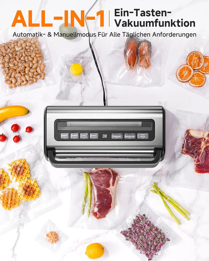Vakuumiergerät 95 kPa,9-in-1 Lebensmittel-Vakuumierer mit einstellbarem Zeit- & Druckmodus,Speicherf