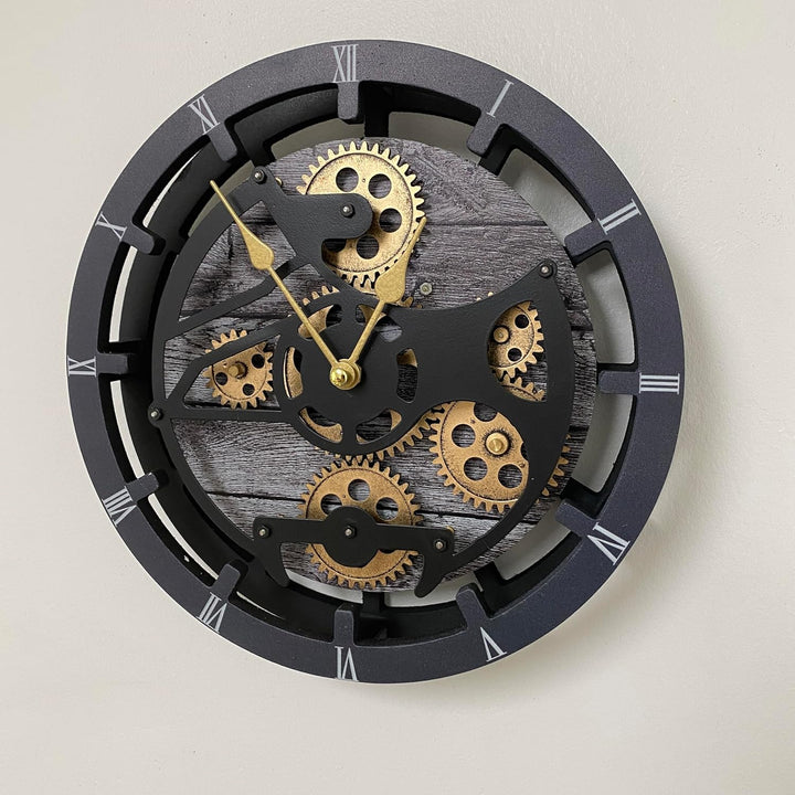 Tischuhr 25,4 cm mit echten beweglichen Zahnrädern umwandelbar in Wanduhr (Carbongrau)