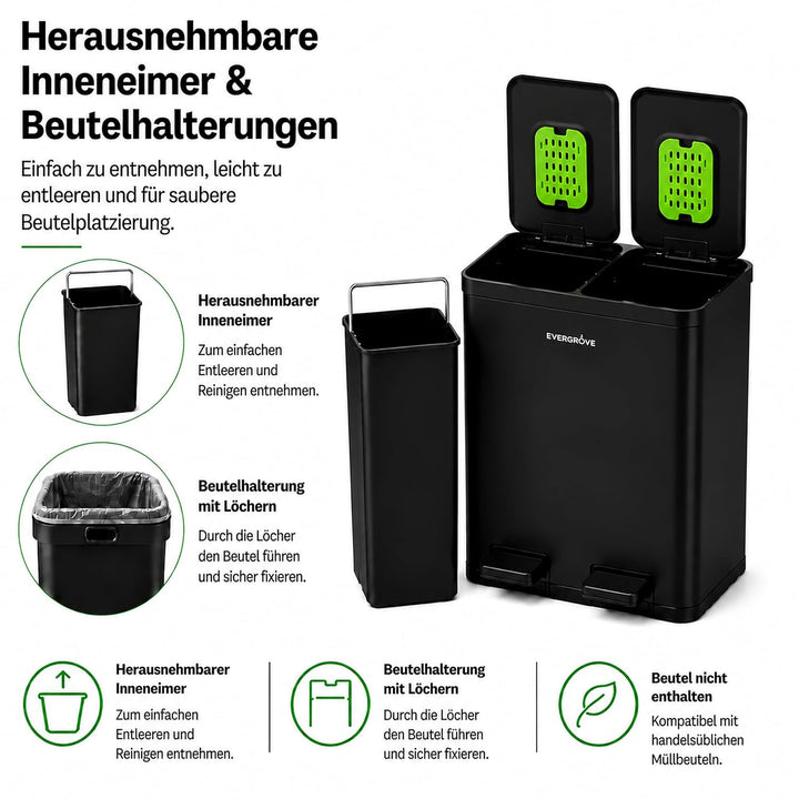 EverGrove 30-Liter-Mülltrennsystem, 2 x 15 L | Gehäuse, Deckel und Pedale aus Edelstahl; zwei PP-Inn