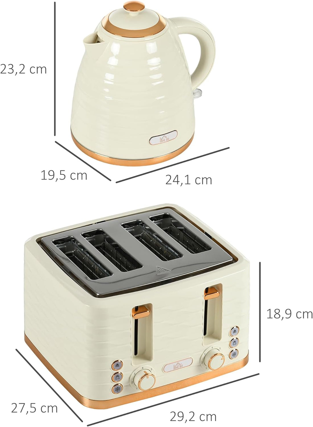 HOMCOM Wasserkocher Toaster Set Frühstück-Set mit 1,7L Wasserkocher, 4 Scheiben Toaster, 2200 W, 7 B