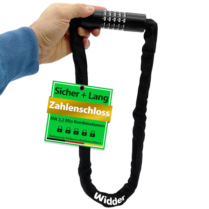 WIDDER Zahlenschloss Kettenschloss [3 Mio Kombinationen, sicher, 105cm lang] Fahrradschloss hohe Sic