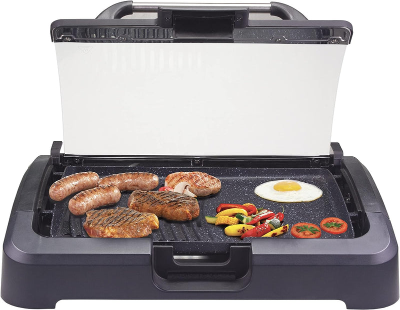 BEPER 90.871 Elektrogrill mit Glasdeckel, beschichtete Grillplatte, Edelstahl, 2200 WATT, schwarz, 2