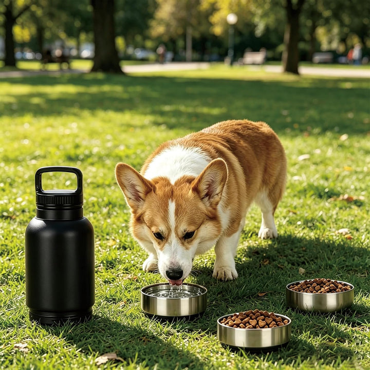 4-in-1 Trinkflasche Hunde für Unterwegs, Isolierte Edelstahl Hundetrinkflasche mit 3 Näpfen, Auslauf