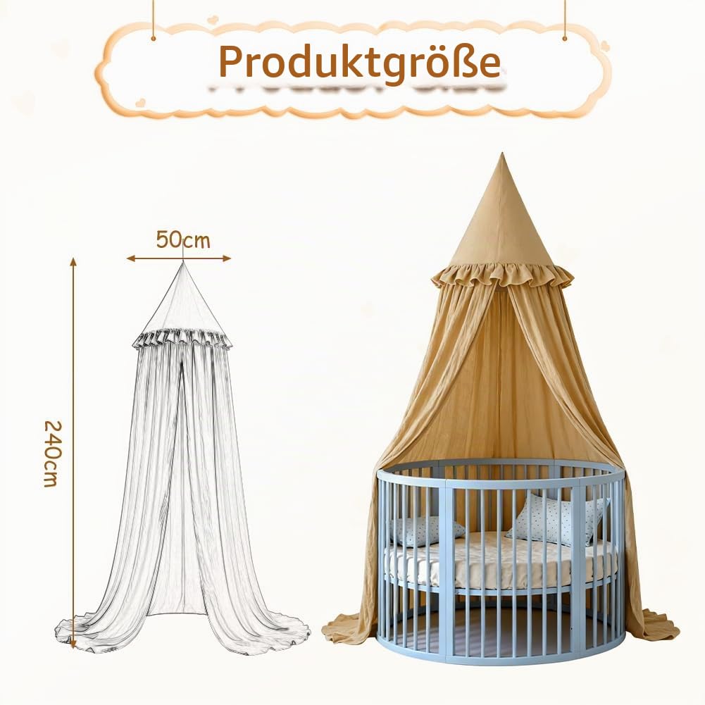 HOTUT Kinderzimmer Baldachin Vintage Nougat,Prinzessin Kinderbetthimmel mit Rüschen,Betthimmel Babyb