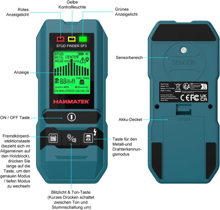 HANMATEK Leitungssucher Ortungsgerät SF3 Wand Scanner Detektor Multifunktional Stud Finder Holz/Eise