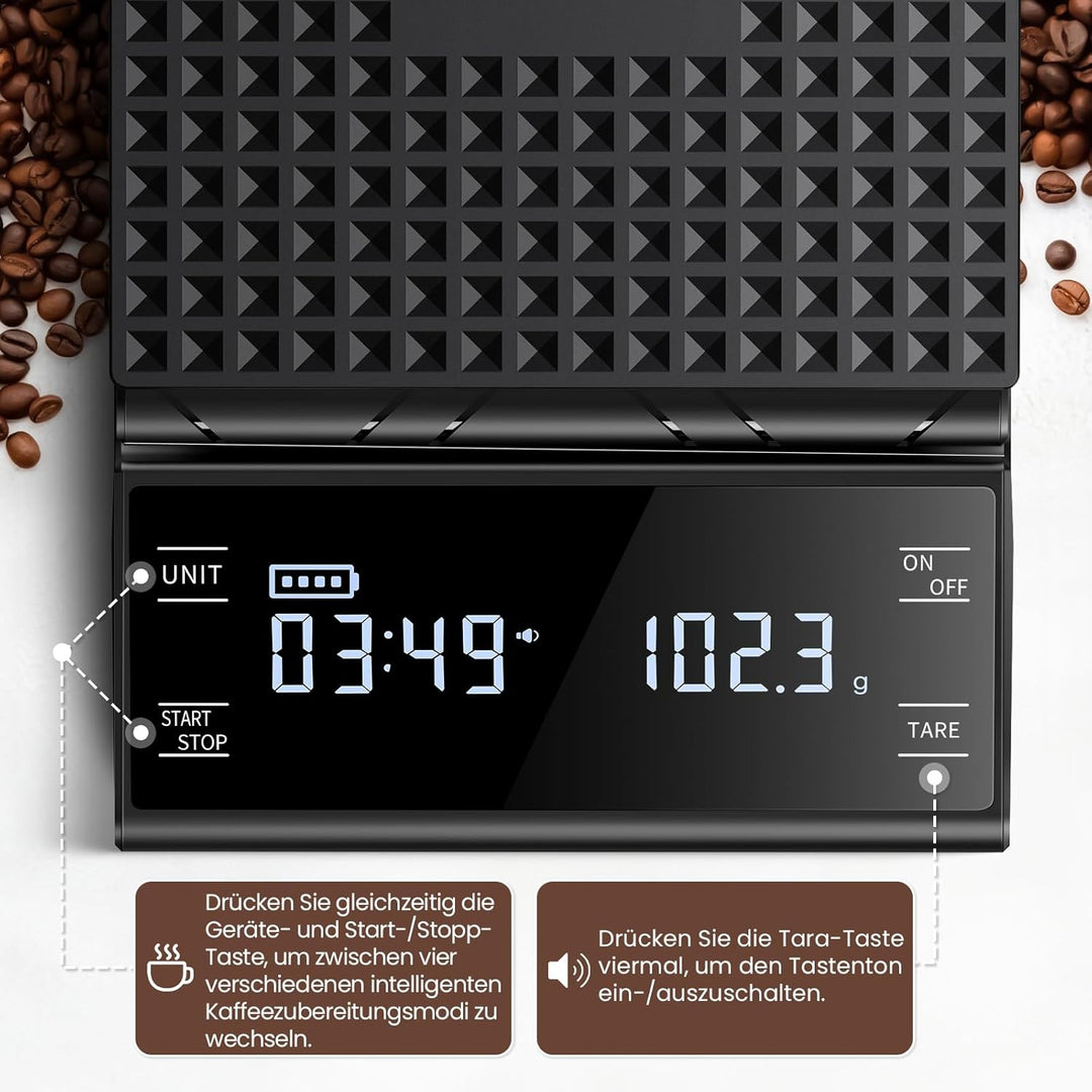 Digital Kaffeewaage mit Timer, 0,1g Hochpräzise Wiederaufladbare Espressowaage mit 4 Modi und Automa