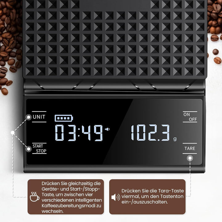Digital Kaffeewaage mit Timer, 0,1g Hochpräzise Wiederaufladbare Espressowaage mit 4 Modi und Automa