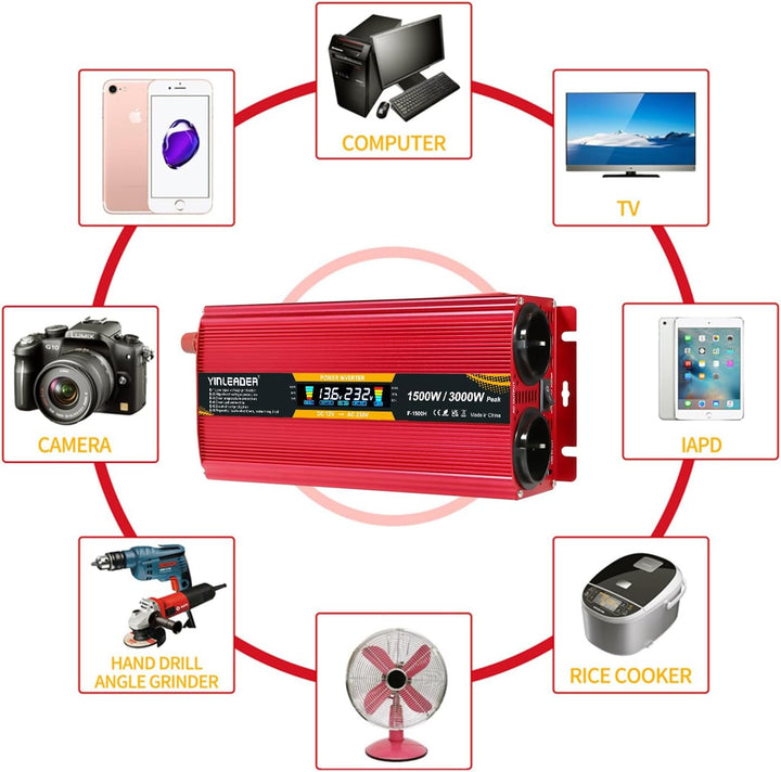 Spannungswandler 12V 230V 1500W 3000W Peak Wechselrichter LCD | stromumwandler mit 2 Steckdose USB -