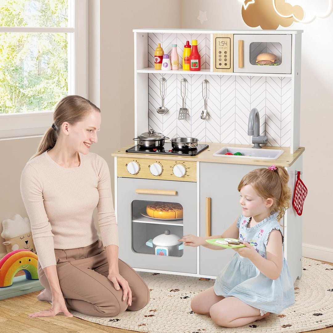 COSTWAY Kinderküche mit Zubehör, Spielküche Holz mit Mikrowelle Herd Spüle Ofen, Kinder Küche mit Li