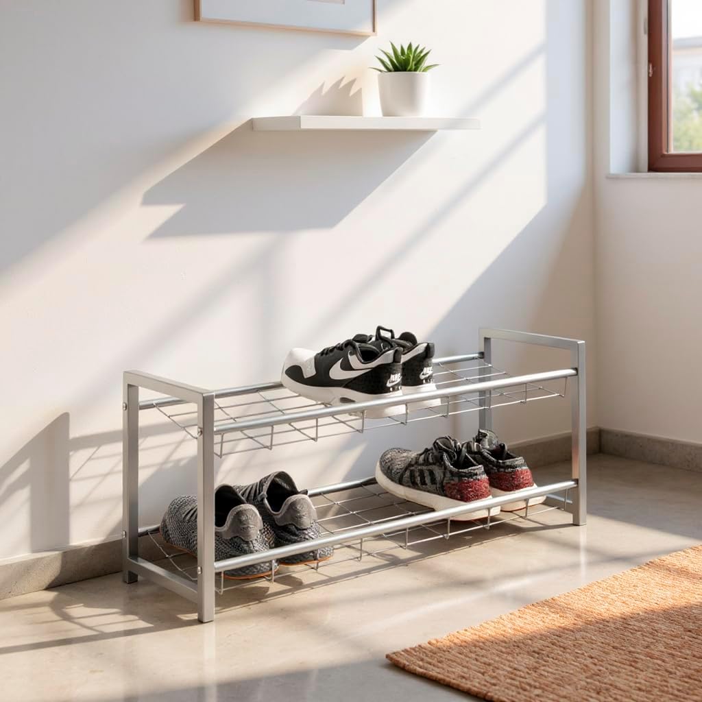 HAKU Schuhregal Metall alufarben 2 Ablagen Stahlrohr Schuhablage Shoe Shelf - Masse: B 80 x H 38 x T