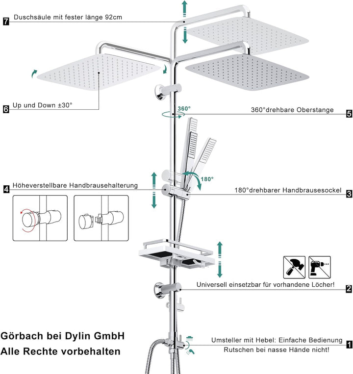 Görbach Regendusche Duschset Duschsystem mit Ablage Chrom Duschstangeset ohne Duscharmatur (35x25) Y