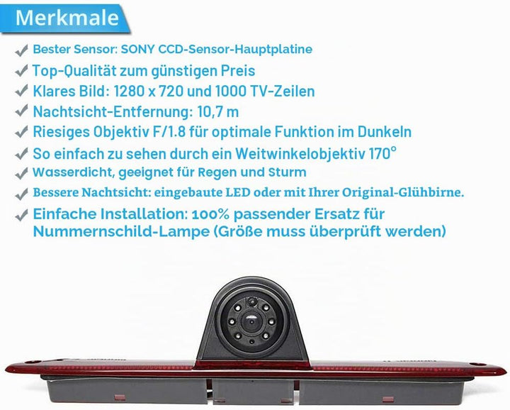1280*720 Brake Bremsleuchte Auto Kamera Third roof Bremslicht Rückfahrkamera Fluegeltueren Replaceme