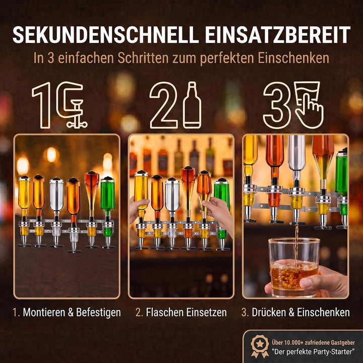 Bar-Butler zur Wand-Montage, 6-Fach Flaschen-Halter mit 4cl-Dosierer Getränkespender für Schnaps & W