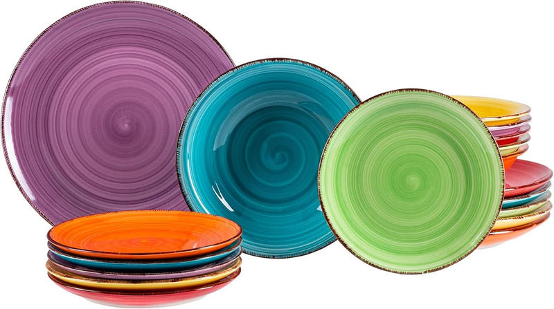 MamboCat 18tlg. Teller-Set Uni bunt | Edles Steingut-Geschirr | Speiseteller + Suppenteller 750 ml +