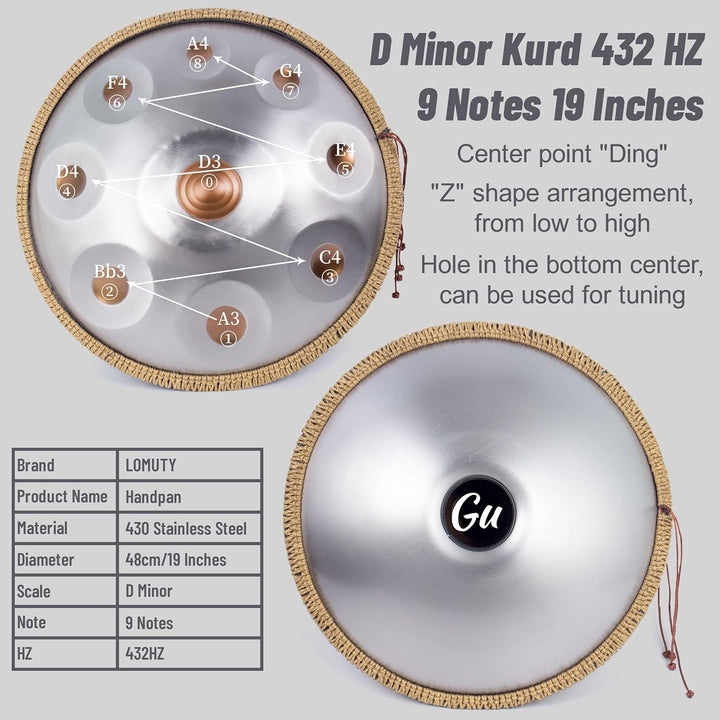 Handpan 432 HZ für Anfänger, Stahltrommel 9 Töne 19 Zoll, Hand Pan in D-Moll, Hand Drum mit Drumtasc