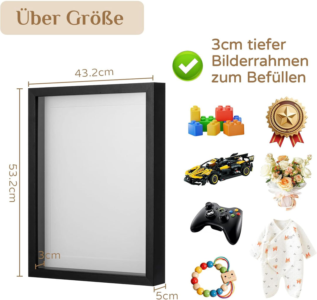 3d Bilderrahmen zum Befüllen Gross: 3 cm Tiefer Rahmen 40x50 Schwarz für Gegenstände Geschenk - Dick