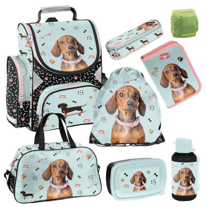 Familando - Schulranzen Set - 8-teilig mit Federmappe - Weenie Dog Dackel - Ergonomisch, stabil & mi